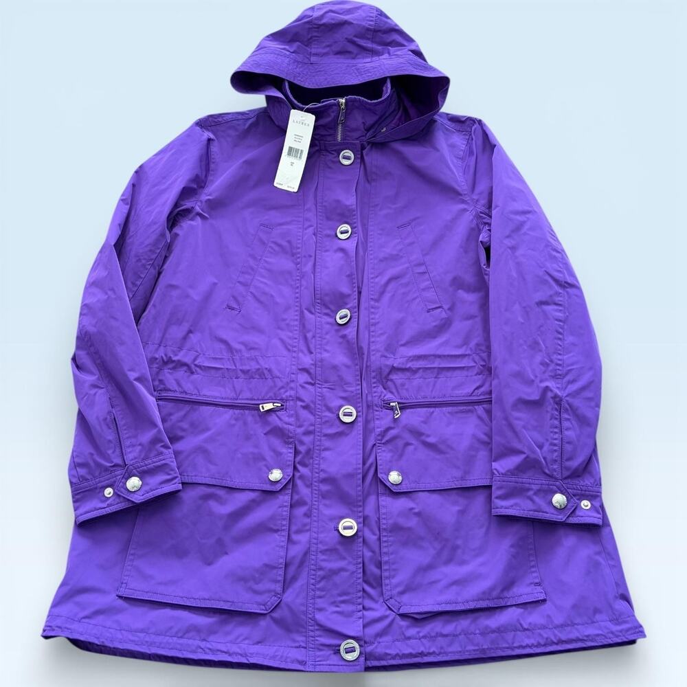 Lauren Ralph Lauren Rain Coat Womens XL Purple Hooded Zip Pockets Lined Travel